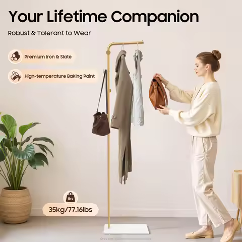 L-shape Coat Rack 170cm/66.93in, Freestanding Classic Gold Coat Rack 3 Hooks, for Hallways, Bedrooms