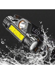 1入行動電源usb充電式強力led頭燈,xpe+cob強光頭燈,帶尾部磁鐵防水,適用於釣魚