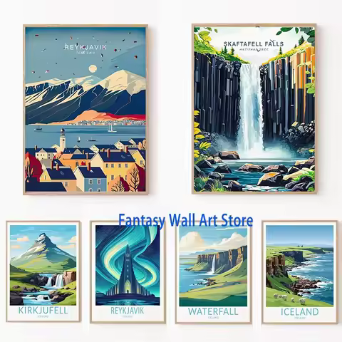 ICELAND Traveling Poster Iceland Reykjavík Kirkjufell Skaftafell Falls Landscape Canvas Painting Wal