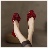 COD Black Kawaii Summer Shoes - Square Toe, Low Heel with Elegant Bow - Red Y2K Style