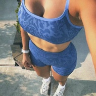 Gymshark Rhine Blue Shark Fitness Wear Seamless Knit Bra Shorts Blue Leopard Print Sports Training S