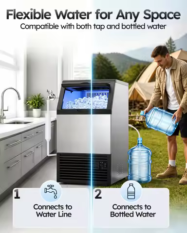 Commercial Ice Maker 150lbs/24H with 33lbs Ice Storage 2 Water Inlet Under Counter Ice Machine, 45 I