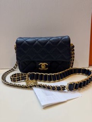 chanel 香奈兒 海軍藍荔枝紋牛皮 金扣 復古金幣 cf 系列方胖子 斜背包 19cm 21A