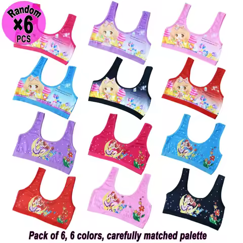 6-Pack Cartoon Girls' Underwear Comfortable Vest Sports Tank Top Short Upperwear for Teen Girls Kids