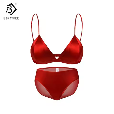 Birdtree, 93% Silk 7% Spandex Bra Briefs Sets, Women Wireless Triangle Cup Bralette Underwear, Healt