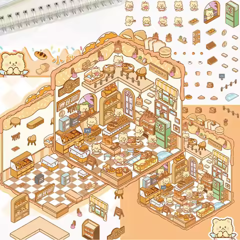 Cartoon Scenery Sticker Bear Bakery Miniature World 3D Hut Stress-Relieving DIY Scene Sticker for Ha