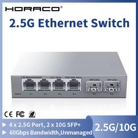 HORACO 2.5GbE Switch 2.5GBASE-T 4 Port 2.5G RJ45 with 2 Port 10G SFP+ Fanless Plug and Play Network
