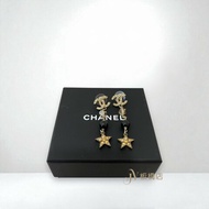 CHANEL 黃色水鑽雙C垂墜串珠星星耳環