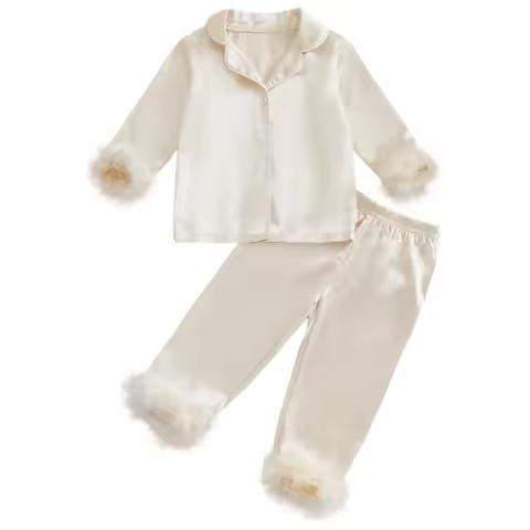 Nightgowns Toddler Baby Girl Satin Pajamas Feather Button Up Pajamas Sleeper Silk Shirt Pant Toddler