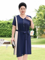 Đầm suông u50 u60 thắt eo phối màu bigsize trung niên -BSa1022