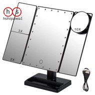 Trifold Makeup Mirror with 22 LED Lights,10X/3X/2X Magnification Portable Fold Lighted Table Desk Cosmetic Mirror,Black