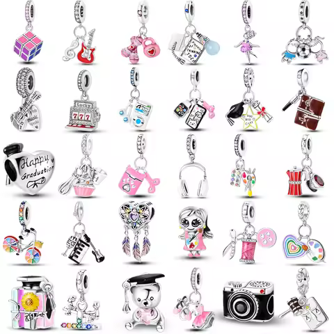 925 Silver Campus Guitar Music Book Charms Fit Original Charm Bead Pendent Dangle Bracelet DIY Women