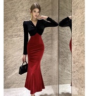 French High Society Elegant Knot Waist Velvet Dress Unique Eye-Catching Color Block Ladylike Style C