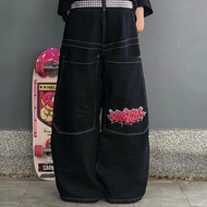 JNCO ลวดลาย เดนิม กางเกงขาสั้น High Street ฮิปฮอป สไตล์สําหรับผู้ชายและผู้หญิง ฤดูร้อน สีดำ เจ็ดฟุต 