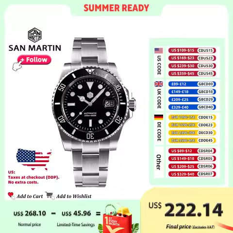 San Martin Watch New Upgraded Sub Men PT5000 ST2130 Automatic Diving Watches with Ceramic Bezel 200m