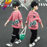 HAOSE ชุดเสื้อสเวตเตอร์เด็กชาย ชุดกีฬาลำลองสำหรับเด็ก ชุดเสื้อสเวตเตอร์+กางเกงลำลองแฟชั่นเกาหลีสำหรับเด็กชุดสองชิ้น
