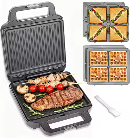 3 in 1 Panini Grill Prwith 3 Removable Plates, Breakfast Sandwich Maker, Electric Griddle Panini Pre