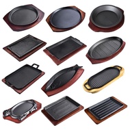 Plat teppanyaki besi tuang untuk kegunaan rumah, plat stik bulat, plat besi untuk memanggang ikan, p