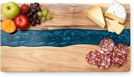 Acacia Wood Resin Charcuterie Board,18 * 9 inch,Expoxy Resin Ocean Blue Wave Pattern Cutting Board f