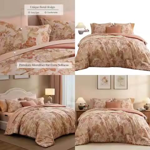 Terrecotta Floral 7-Piece Queen Comforter Set with Botanical Flowers, Bedding for All Seasons
