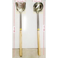 Big Wooden Handle Stainless Steel Spatula & Ladle 80cm | Sudip Besar | Sendok Besar | Sudip & Senduk