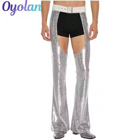 Mens Hollow Out Fully Lined Flared Pants Glittery Sequin Cowboy Chaps Pants Adjustable Waist Crotch 