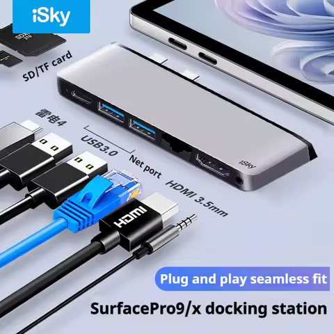 iSky Laptop Docking Station for Microsoft Surface Pro9 RJ45 HDMI-Compatible 4K USB 3.0 Hub 3.5mm Doc