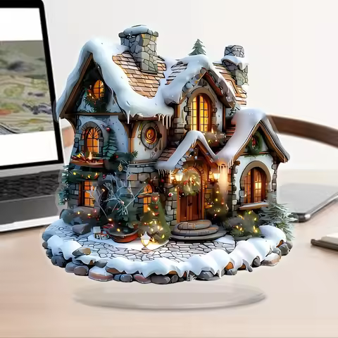 8in 2D Colorful Christmas Snowhouse Acrylic Tabletop Decoration Family Village Miniature Statue Holi