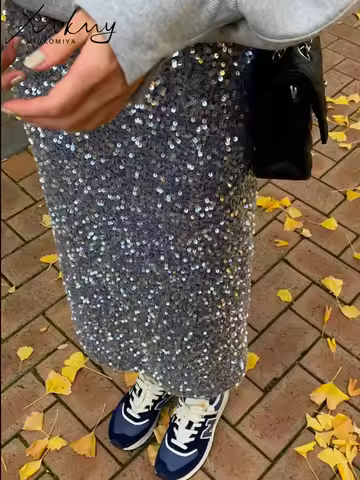High Waisted Sequin Maxi Skirt Women Elegant Shiny Straight Skirts With Slit Summer Spring Black Lon