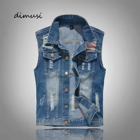 Spring Men's Denim Vests Fashion Men Cotton Retro Party Jean Waistcoats for Men Blue Ripped Hole Sle