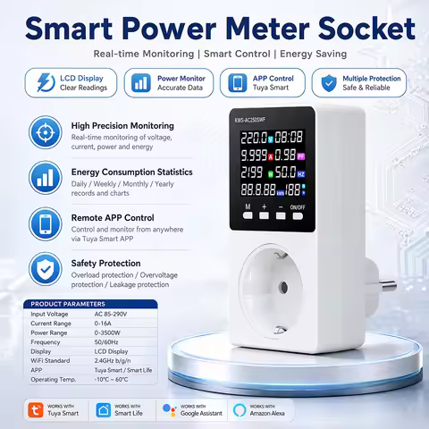 Tuya Smart WiFi Socket Digital Power Monitor AC85-290V Energy Meter Voltage Current Power Frequency 