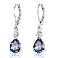 925 Sterling Silver Blue Topaz/Amethyst/Rainbow Quartz CZ Teardrop Leverback Earrings Drop Dangly Ge