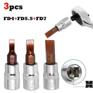 3pcs Flathead screwdriver 1/4-inch Drive Bit Socket FD4 FD5.5 FD7 Bit Socket Standard Metric S2 Stee