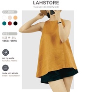 LAHSTORE women's linen Set, camisole shirt with back slit and wooden buttons & elastic waist shorts 