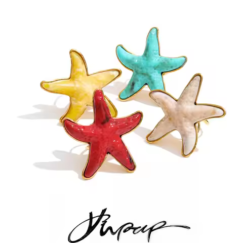 Yhpup 4 Color Ocean Style Acrylic Resin Big Starfish Adjustable Ring Stainless Steel Summer Vacation