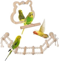 Reshiho Bird Mirror with Perch & 8-Step Bird Ladder for Cage - Natural Wood Toys for Parakeets, Cock