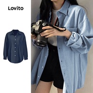 Lovito Casual Denim Top Plain Button Front Washed Denim Top for Women LNE24112 (Multi-color)