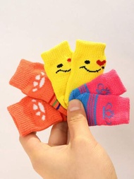 1套/4入組 可愛紋路防滑防刮寵物襪,適用於小型和中型貓狗