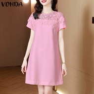 WGBชุดเดรสเข้ารูปลูกไม้เย็บปะติดสำหรับผู้หญิง VONDA เสื้อยืดคอกลมสง่างาม (ดอกไม้เกาหลี)