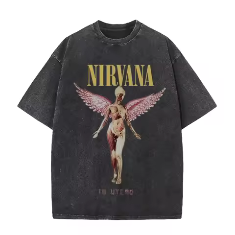 Nirvana Angel In Utero Print Vintage Washed T Shirt Rock Band Casual Top