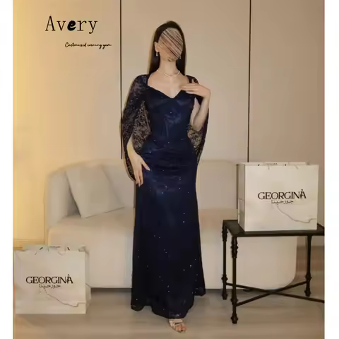 Avery Customized Navy Blue Lace Embroidery Shiny Evening Dresses Ladies Wedding Guest Elegant and Fo