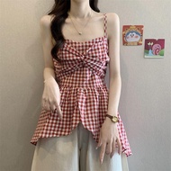 [Limited Time Discount Sale] Sweet Shirt Women New Style Hot-selling Thai Style Plaid Sling Top Irre