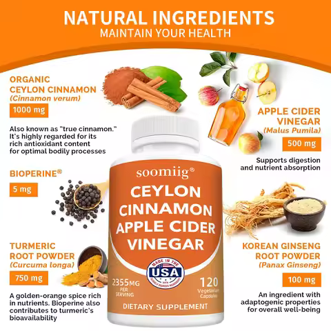 Organic Ceylon Cinnamon Capsules with Apple Cider Vinegar Turmeric Bioperine, Supports Joint, Brain,
