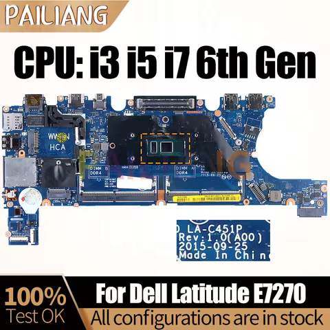 For DELL Latitude E7270 Laptop Motherboard LA-C451P i3 i5 i7-6th Gen CPU 0H7Y7K 0YKJ5K 0W5VXR Notebo