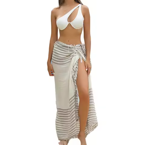 Sunscreen Beach Towel Skirt Blouse New Bamboo Cotton Sarong Striped Fringed Bikini Blouse
