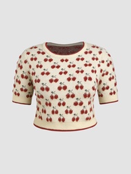 Cider Contrasting Binding Cherry Pattern Knitted Crop Top Curve &amp; Plus