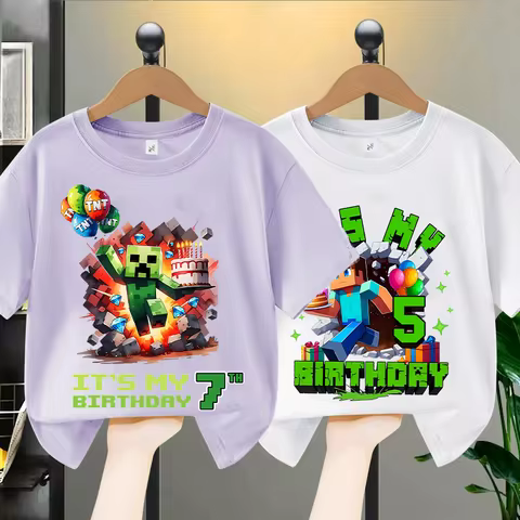 Pixel Minecrafted Game T-shirt Cute Summer Cotton Pullover Birthday Party Clothing Number 1-9 Tops B