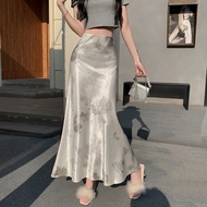 Gilt Satin Tie-Dye Chinese Style Fishtail Skirt New Style Skirt Hip Skirt New Chinese Style A-Line S