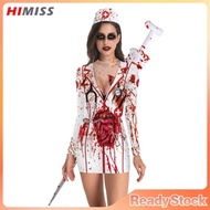 Women Halloween Nurse Costumes Long Sleeve Crew Neck Scary Nurse Anime Cosplay Dress For Halloween P