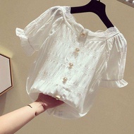 Áo Voan Tím Áo Sơ Mi Nữ Ngắn Tay Mới Mùa Hè Hàn Quốc Dáng Rộng Ngọt Ngào Kiểu Ngoại Quốc Áo Che Bụng